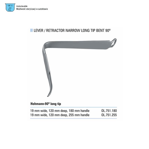 [OL.751.180] Lever / Retractor Hohmann-90º angled long tip 19x180mm handle